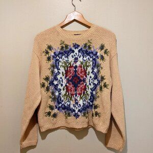 Vintage 90s Liz Sport Hand Knit Floral Sweater –Pastel cream Cottagecore charm M